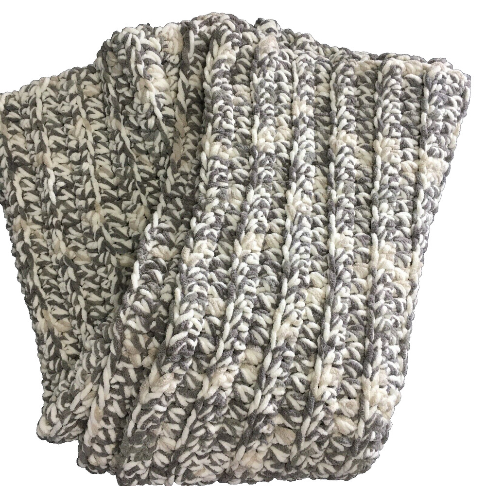 Crocheted Knit Afghan Lap Blanket Throw 44.5‎ x 50 Gray White & Cream Handmade